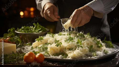 a chef grating parmesan cheese over a steaming plate of freshly cooked pasta, with the grated cheese falling onto the pasta photo