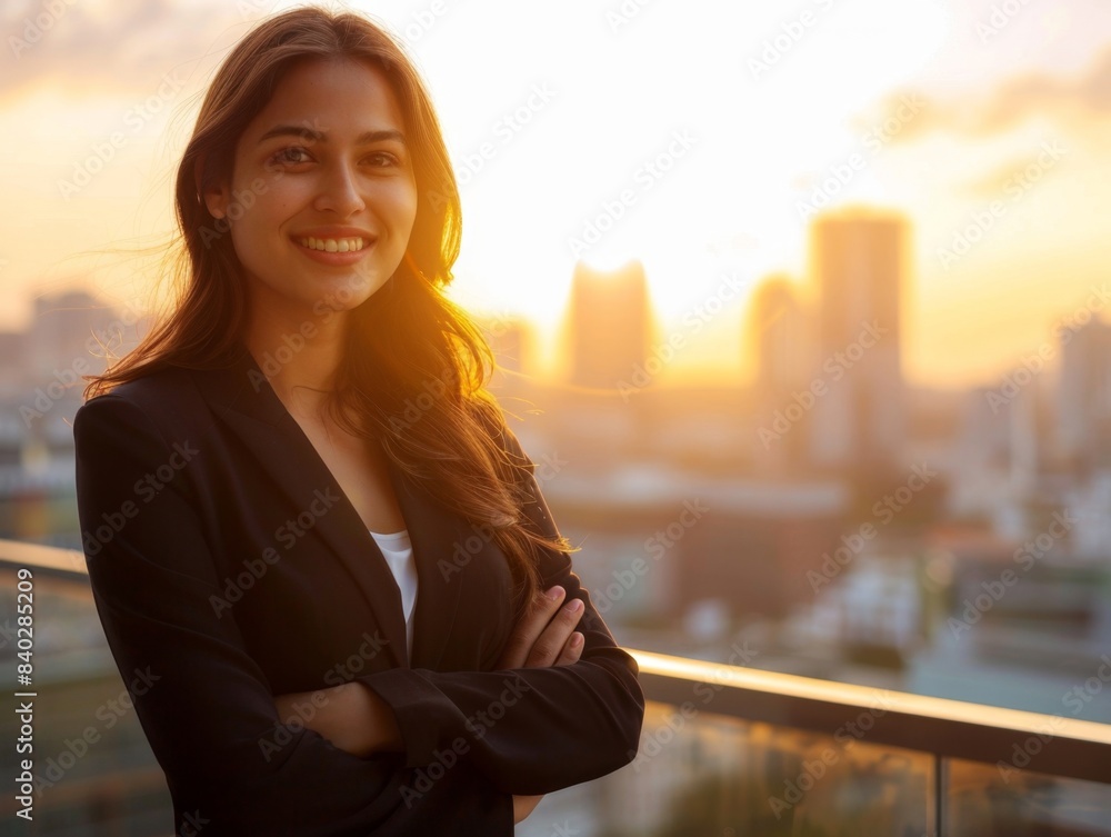A confident businesswoman with crossed arms smiles at the camera, standing on a rooftop with a cityscape in the background during a beautiful sunset. Professional, success, urban setting. A confident businesswoman with crossed arms smiles at the camera, standing on a rooftop with a cityscape in the background during a beautiful sunset. Professional, success, urban setting.