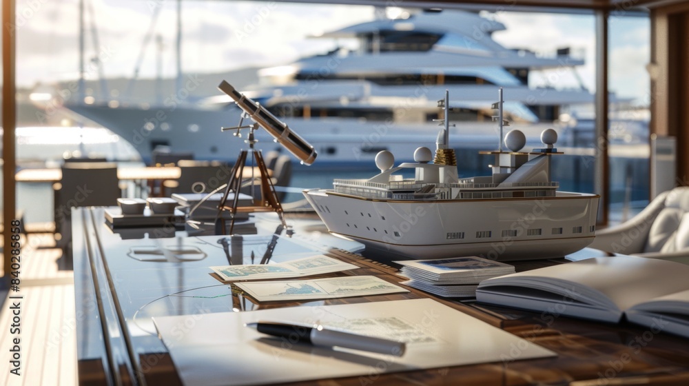 Fototapeta premium Seafaring Dreams Luxury Yacht Broker's Office with Model Yachts Nautical Charts and Telescope Professional Marina Workspace for Business Cards and Maritime Enthusiasts