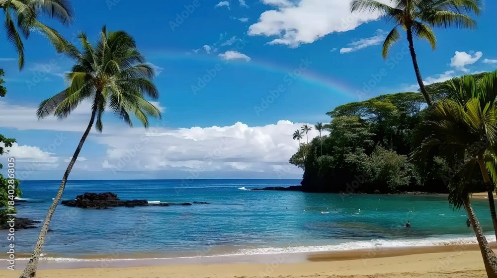 Fototapeta premium A stunning beach scene with palm trees, a rainbow in the sky, and swimmers enjoying the clear water
