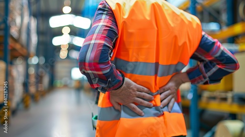 Warehouse worker with back pain wearing a safety vest in a busy industrial setting. Focus on workplace safety and health. Ideal for business, industry, and safety related content. AI