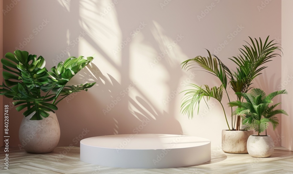 Product display podium scene mockup with natural leafs and plants, Promotion display, Minimal wall scene mockup product stage showcase Product display podium scene mockup with natural leafs and plants, Promotion display, Minimal wall scene mockup product stage showcase