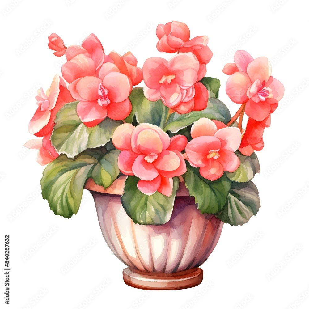 Vibrant Watercolor Begonia Flowers in Vase on White Background Vibrant Watercolor Begonia Flowers in Vase on White Background
