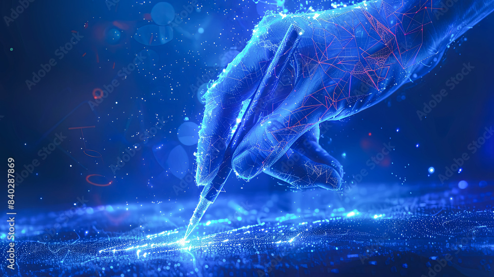 Futuristic Technology Innovation Concept: Hand Drawing on Digital Interface with Glowing Blue Particles and Network Connections Futuristic Technology Innovation Concept: Hand Drawing on Digital Interface with Glowing Blue Particles and Network Connections