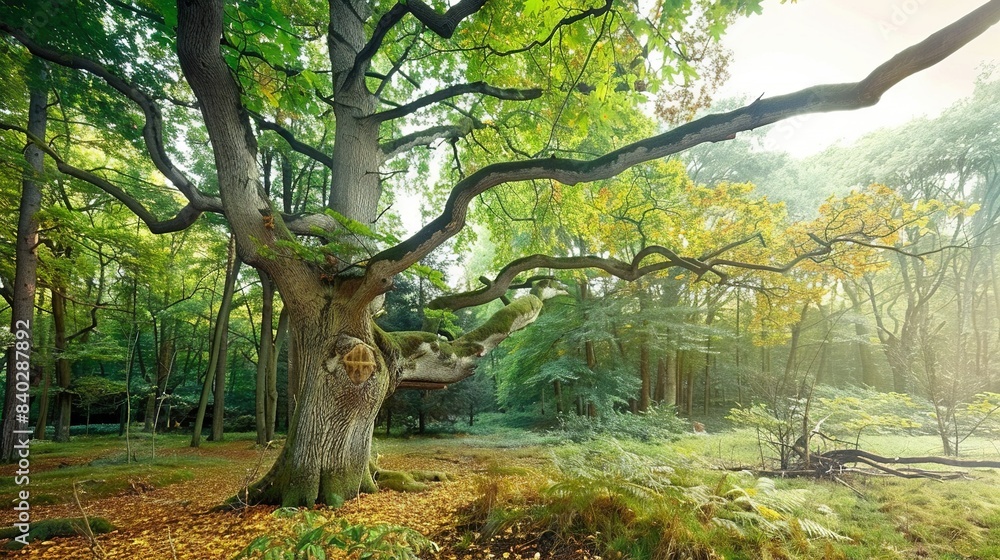 In the heart of a dense woodland stands a majestic tree, its verdant canopy casting shadows on the carpet of fallen foliage below, while a quaint abode looms In the heart of a dense woodland stands a majestic tree, its verdant canopy casting shadows on the carpet of fallen foliage below, while a quaint abode looms