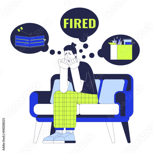 Caucasian man with obsessive thoughts 2D linear cartoon character. European man unemployed isolated line vector person white background. Dismissed guy on sofa color flat spot illustration