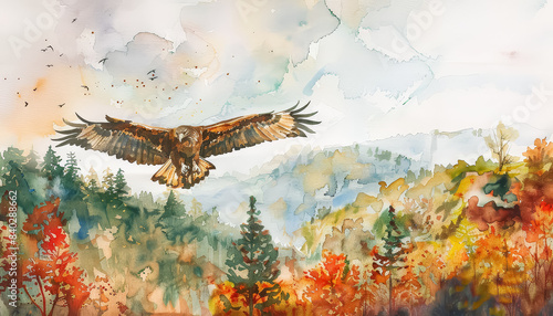 A painting of a large eagle flying over a forest with trees in the background