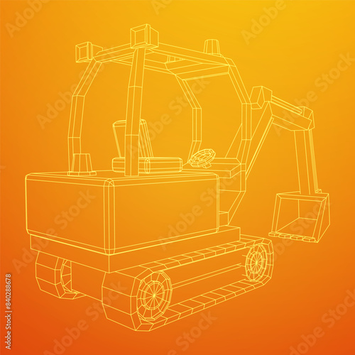 Heavy equipment excavator machine manufacturing power equipment for open pit mining. Wireframe low poly mesh vector illustration