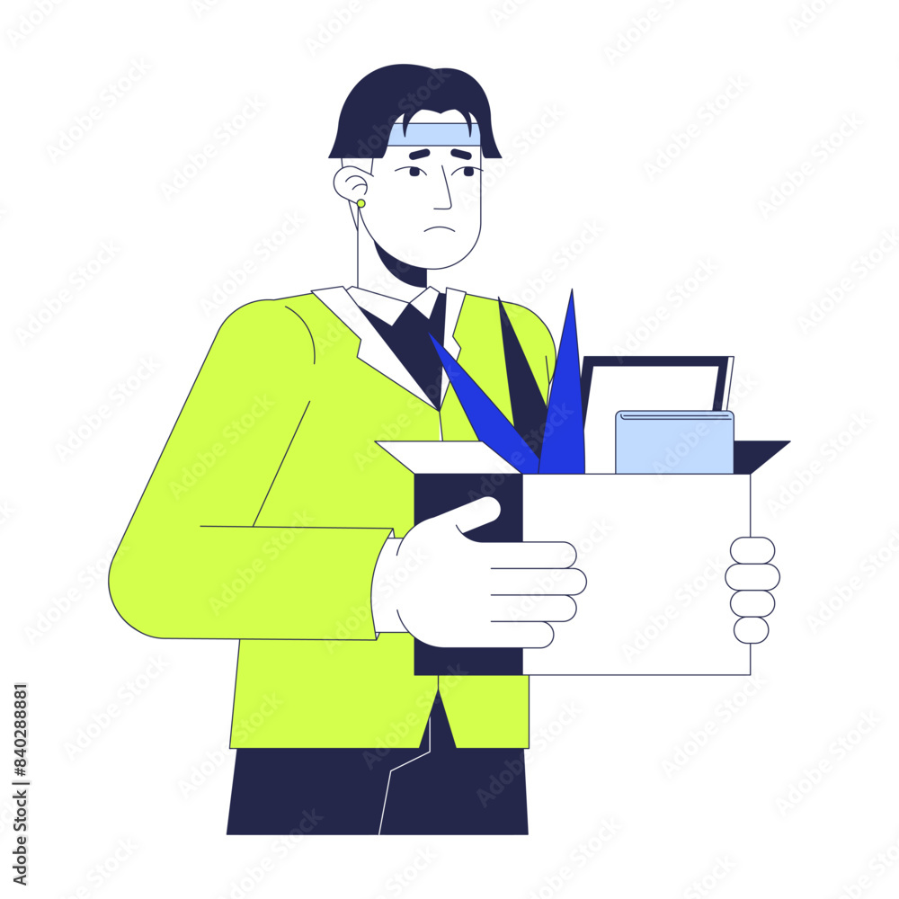 Fired asian man leaving workplace 2D linear cartoon character. Upset korean man with stuff isolated line vector person white background. Unemployment growing color flat spot illustration Fired asian man leaving workplace 2D linear cartoon character. Upset korean man with stuff isolated line vector person white background. Unemployment growing color flat spot illustration