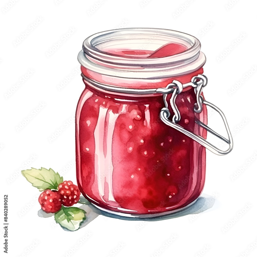 Watercolor of Jam Jar with Spoon on White Background Watercolor of Jam Jar with Spoon on White Background