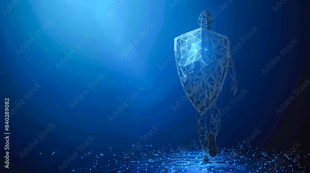 Abstract silhouette of a man on a dark blue background. Polygonal wireframe illustration Abstract silhouette of a man on a dark blue background. Polygonal wireframe illustration