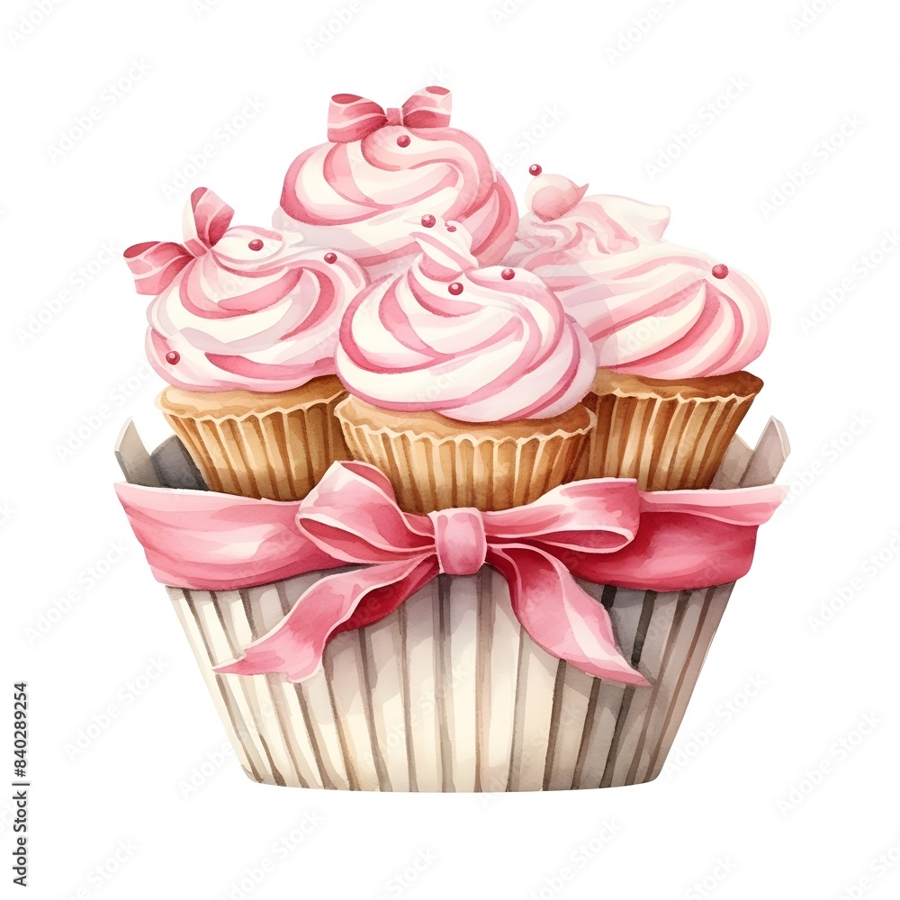Watercolor of Pink Cupcake Basket with Frosting and Bows for