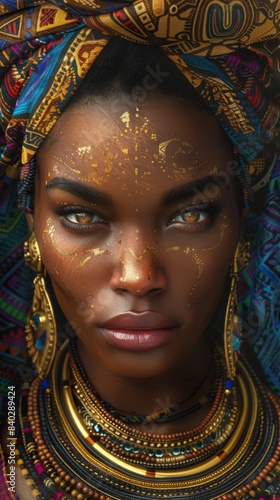 Generative AI illustration of portrait of an African woman with traditional headgear and jewelry, her soulful eyes reflecting a depth of character