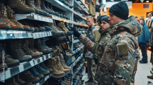 soldier at Military storage row on shelf in warehouse, shop. mens rubber boots, shoes in protective colors khaki.