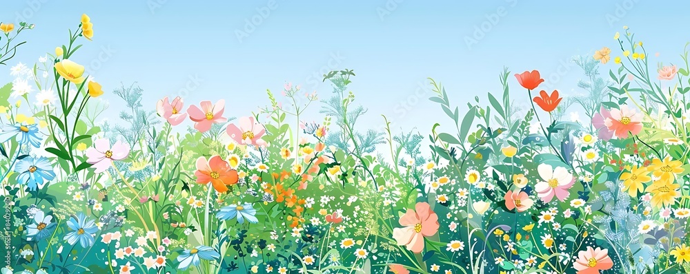 a colorful field of flowers under a clear blue sky, featuring orange, yellow, pink, and white blooms a colorful field of flowers under a clear blue sky, featuring orange, yellow, pink, and white blooms