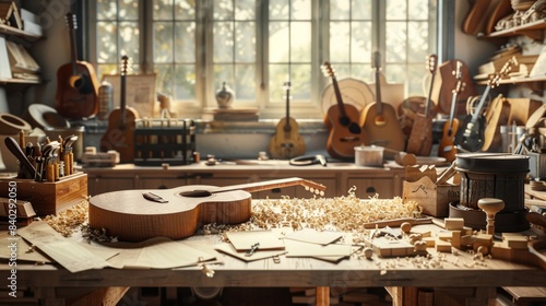 Artisan Luthier's Workbench Crafted Guitar Bodies Wood Shavings and Tools Handcrafted Music Instrument Workshop Scene