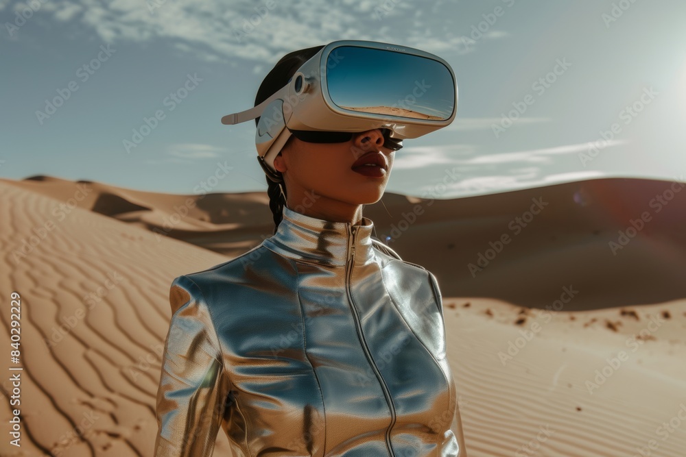 woman in vr virtual reality glasses in silver cosmic fashion outfit standing in desert against blue sky futurist concept woman in vr virtual reality glasses in silver cosmic fashion outfit standing in desert against blue sky futurist concept