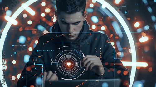 Young man focused on futuristic virtual interface, symbolizing cybersecurity, tech innovation, and digital data analysis in a high-tech environment.