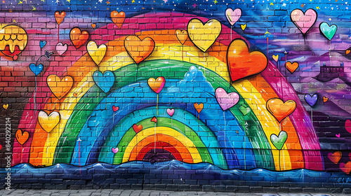 Rainbow of hearts. Multicolored hearts on a blue background. © Preeyakamol