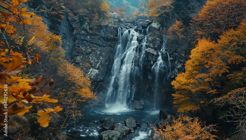 A waterfall surrounded by trees with leaves falling