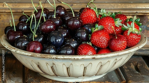   Close-up of cherries and strawberries on wooden table with painting in background