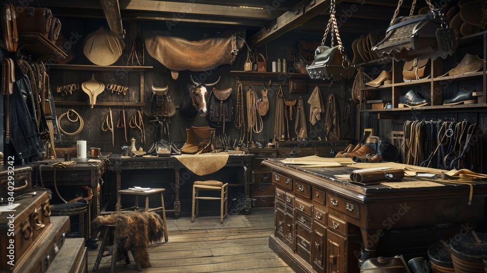 Artisan Craftsmanship Blank Business Cards Amidst Leather Hides Saddles and Equestrian Gear in Master Saddler's Workshop Artisan Craftsmanship Blank Business Cards Amidst Leather Hides Saddles and Equestrian Gear in Master Saddler's Workshop