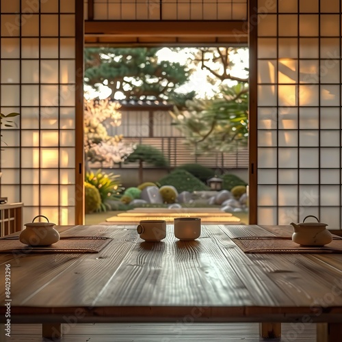 A serene Japanese tea room with traditional shoji screens  a wooden table  and a view of a beautiful garden in the background.