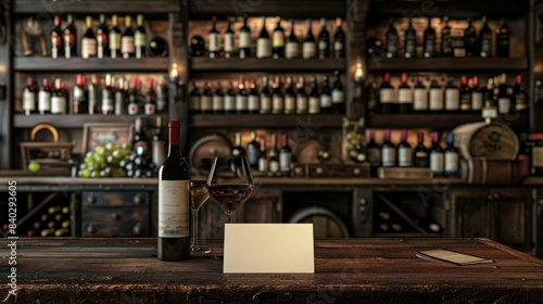 Exquisite Wine Cellar Vintage Table Fine Wines and Business Cards Await the Next Tasting Adventure