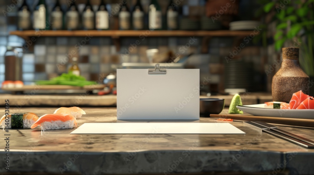 Artistic Sushi Chef's Workspace Business Cards Knives Fresh Fish and Perfectly Crafted Sushi Masterpieces Artistic Sushi Chef's Workspace Business Cards Knives Fresh Fish and Perfectly Crafted Sushi Masterpieces