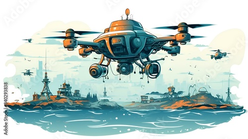 A flying robot soaring above a cityscape in an illustration. photo