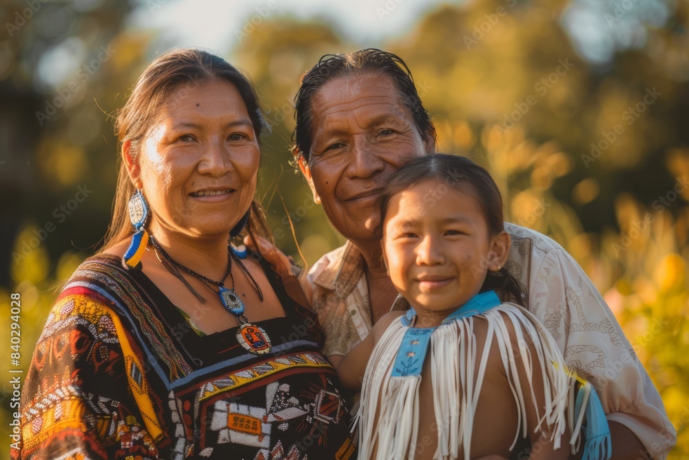 Indigenous people day. Iroquois Nation family portrait, smiling on sunny day on native land. Indigenous people day. Iroquois Nation family portrait, smiling on sunny day on native land.