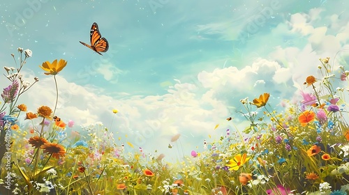 a colorful array of flowers, including orange, yellow, purple, and pink blooms, surround a black butterfly in a field under a blue sky with white clouds