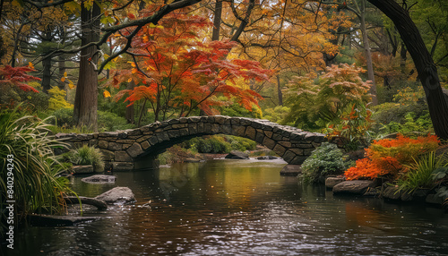 A bridge spans a river with a beautiful autumnal landscape