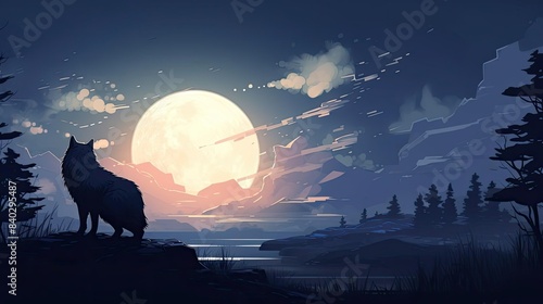 tranquil wolves under the moon amidst lush green trees and a serene blue sky, with a black dog in the foreground photo