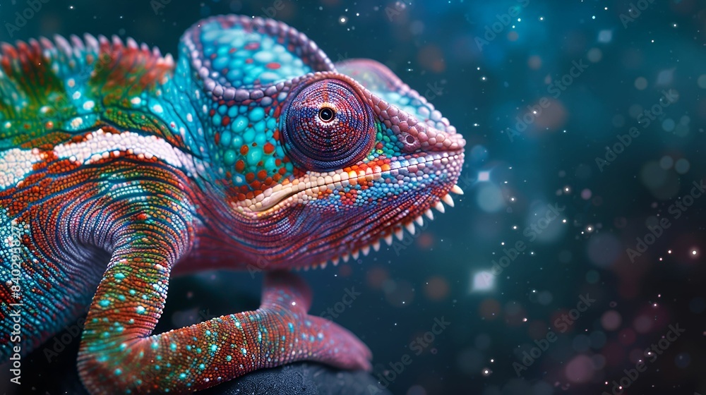 A vividly colored animal, a chameleon, displays its striking patterns and textures against a sparkling background. A vividly colored animal, a chameleon, displays its striking patterns and textures against a sparkling background.