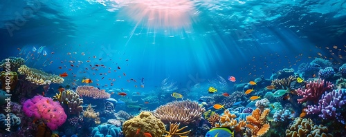 a vibrant underwater world with a variety of colorful fish and corals