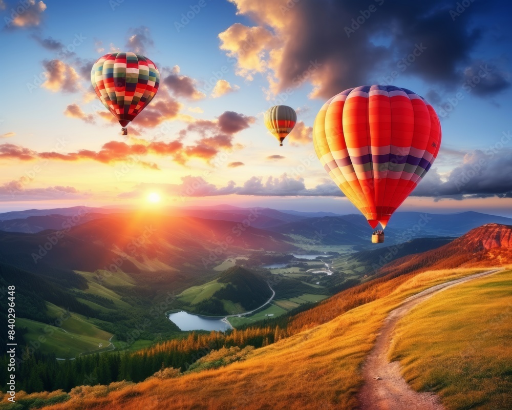Fototapeta premium Giant air balloons soar across mountain range and vast meadows during stunning sunset