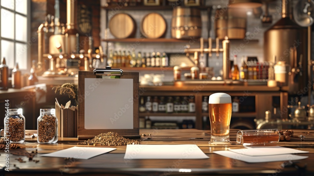 Craft Brewmaster's Workspace Business Cards Recipe Books Malt Samples and Pint of Beer Craft Brewmaster's Workspace Business Cards Recipe Books Malt Samples and Pint of Beer