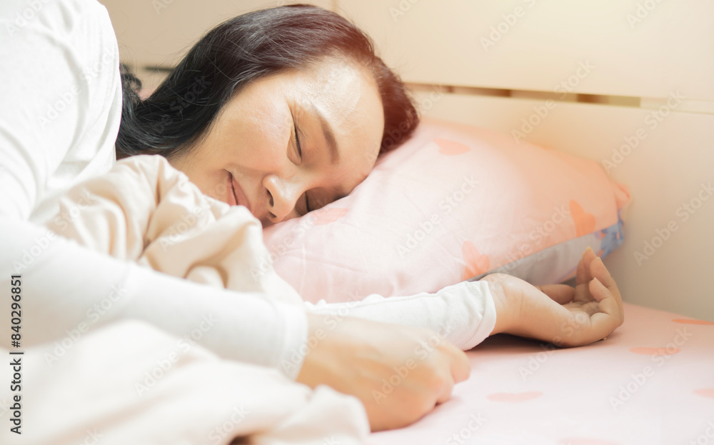 Fototapeta premium Side view close-up portrait of attractive shine healthy dreamy aged woman lying in bed sleeping silence