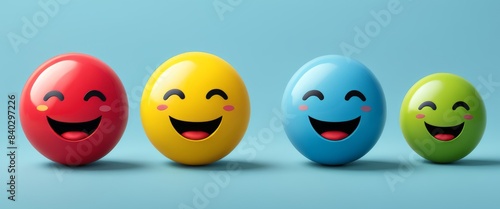A row of colorful smiling emoji balls with various expressions on a blue background. These cheerful and playful elements are perfect for illustrating emotions, social media graphics, or children's © video rost