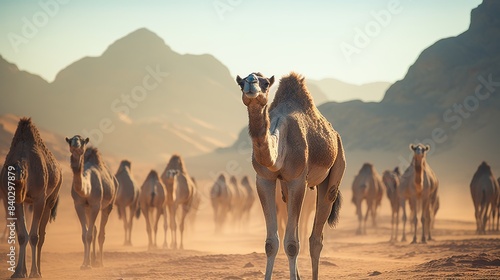 Exhausted camel walking alone in the sweltering desert sands, animal struggling to continue journey photo