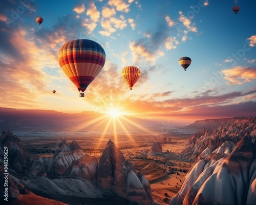 Giant air balloons soar over mountain range and open fields under radiant sunset sky