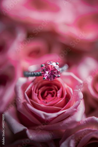 Large pink diamond set in a silver engagement ring is displayed on a blooming pink rose