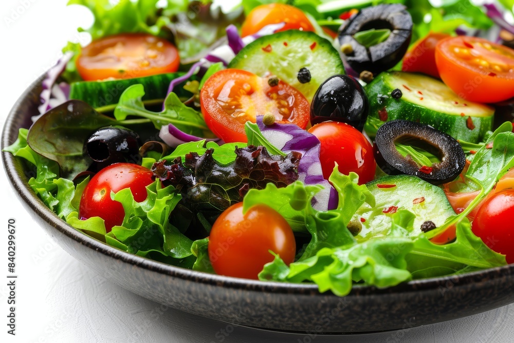 Fresh mixed greens salad with cherry tomatoes, cucumbers, and black olives, showcasing the vibrant colors and healthy ingredients, perfect for food photography and healthy eating enthusiasts Fresh mixed greens salad with cherry tomatoes, cucumbers, and black olives, showcasing the vibrant colors and healthy ingredients, perfect for food photography and healthy eating enthusiasts