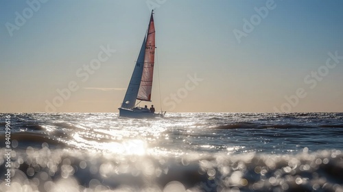 A sailboat glides over sparkling ocean waters with the sun setting in the background, creating a serene and picturesque seafaring scene.