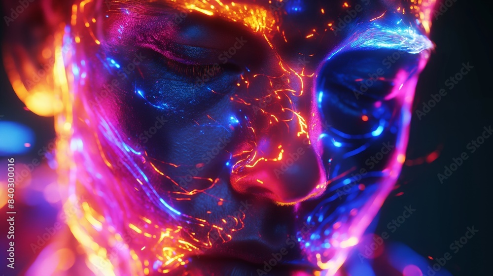 Close-up of a futuristic face illuminated with vibrant neon lights, showcasing modern digital art and technology. Close-up of a futuristic face illuminated with vibrant neon lights, showcasing modern digital art and technology.