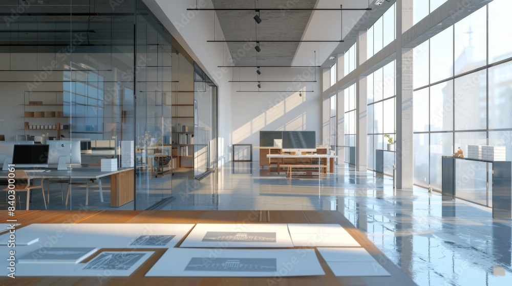 Innovative Architectural Workspace Blank Business Cards on Minimalist Desks in Modern Glass Office Design and Creativity Concept Innovative Architectural Workspace Blank Business Cards on Minimalist Desks in Modern Glass Office Design and Creativity Concept
