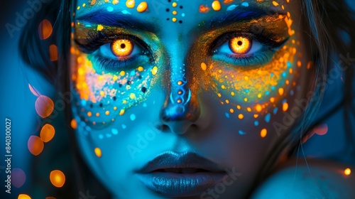 Close-up of a woman with vibrant neon face paint in a dim setting, highlighting intricate details and glowing eyes. © patpongstock