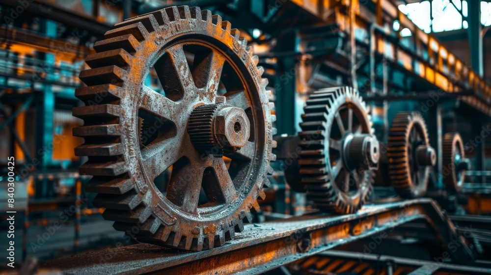 Rustic old gear wheels set against a modern industrial backdrop, showing the evolution of machinery