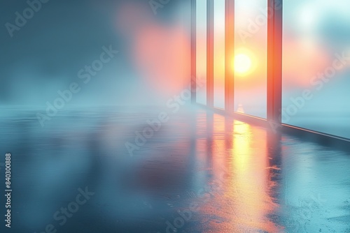 Serene sunrise reflecting on smooth surface through large windows, creating a tranquil and dreamy atmosphere with soft, misty lighting. © Fay Melronna 